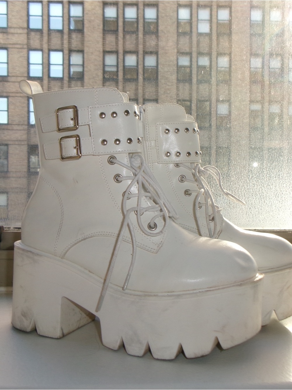 White Platform Lace-Up Ankle Boots with Buckle Detail